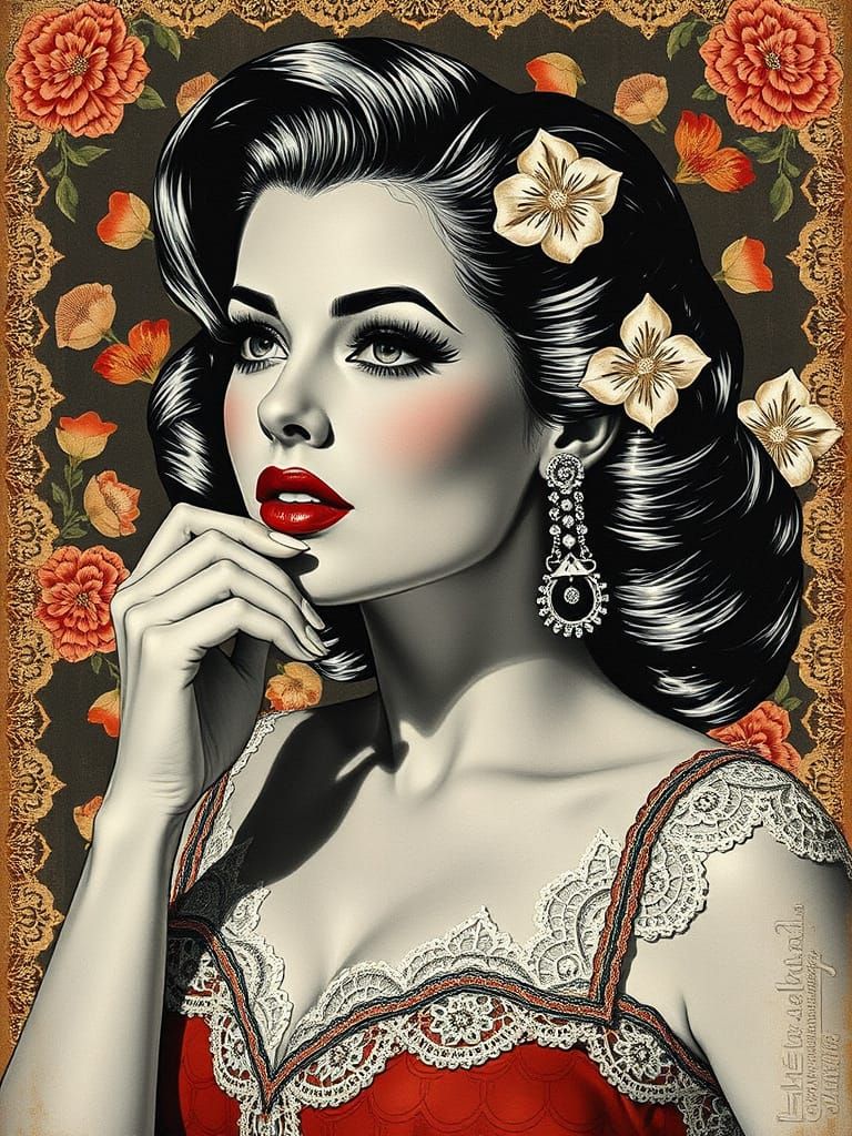 Elegant Pin-Up Lady in Lace Collage Style