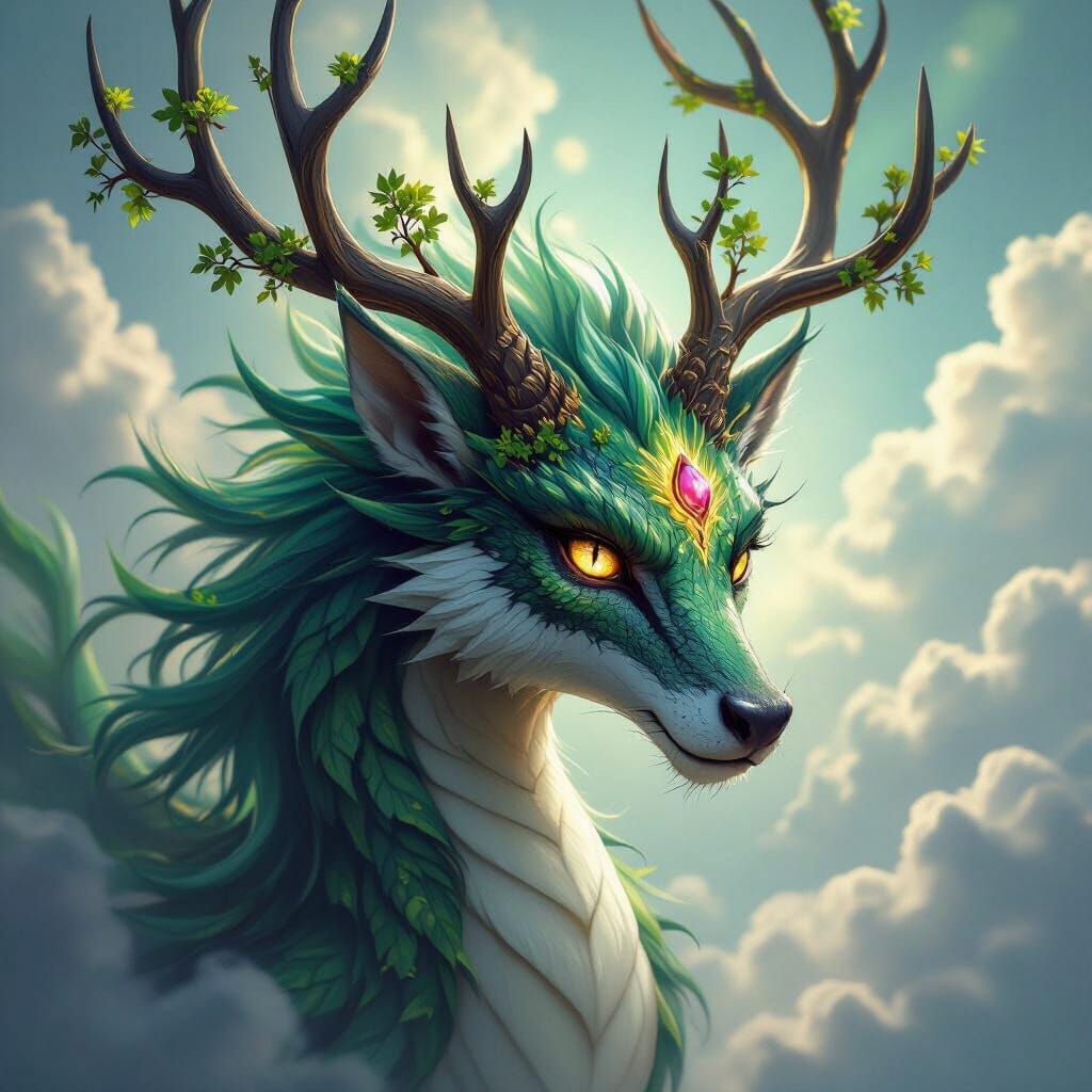 Dragon with Antlers and Wolf Ears in Divine Light