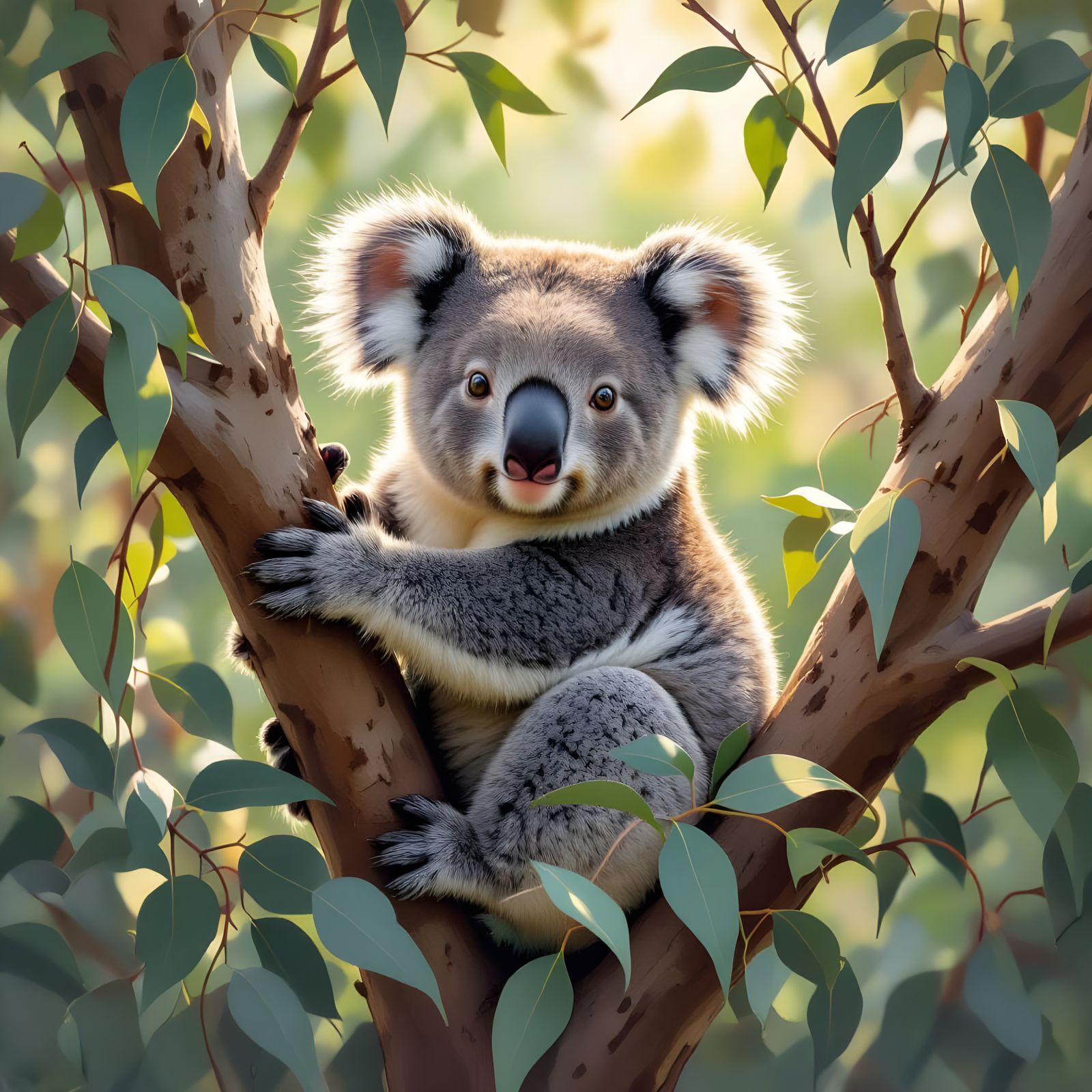 Whimsical Koala in Eucalyptus Tree Illustration