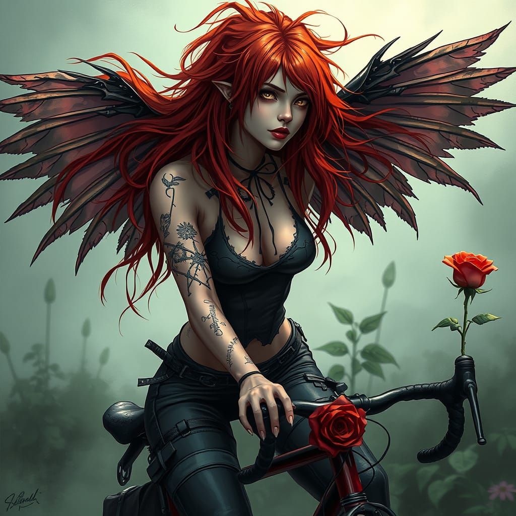 Gothic Redhead Biker in Eerie Garden: Digital Painting