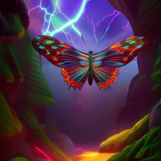 Stained Glass Butterfly in Lightning Sky