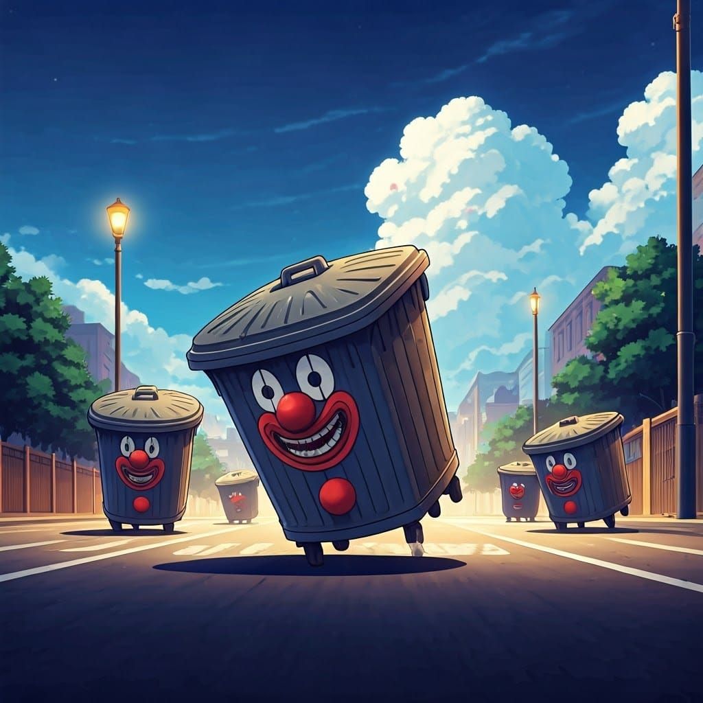 Anime-Style Trash Can Clowns in Cityscape