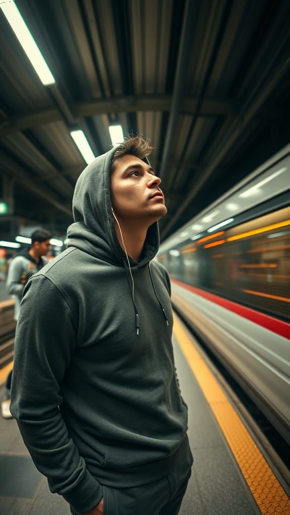 Man with Headphones on Railway Platform