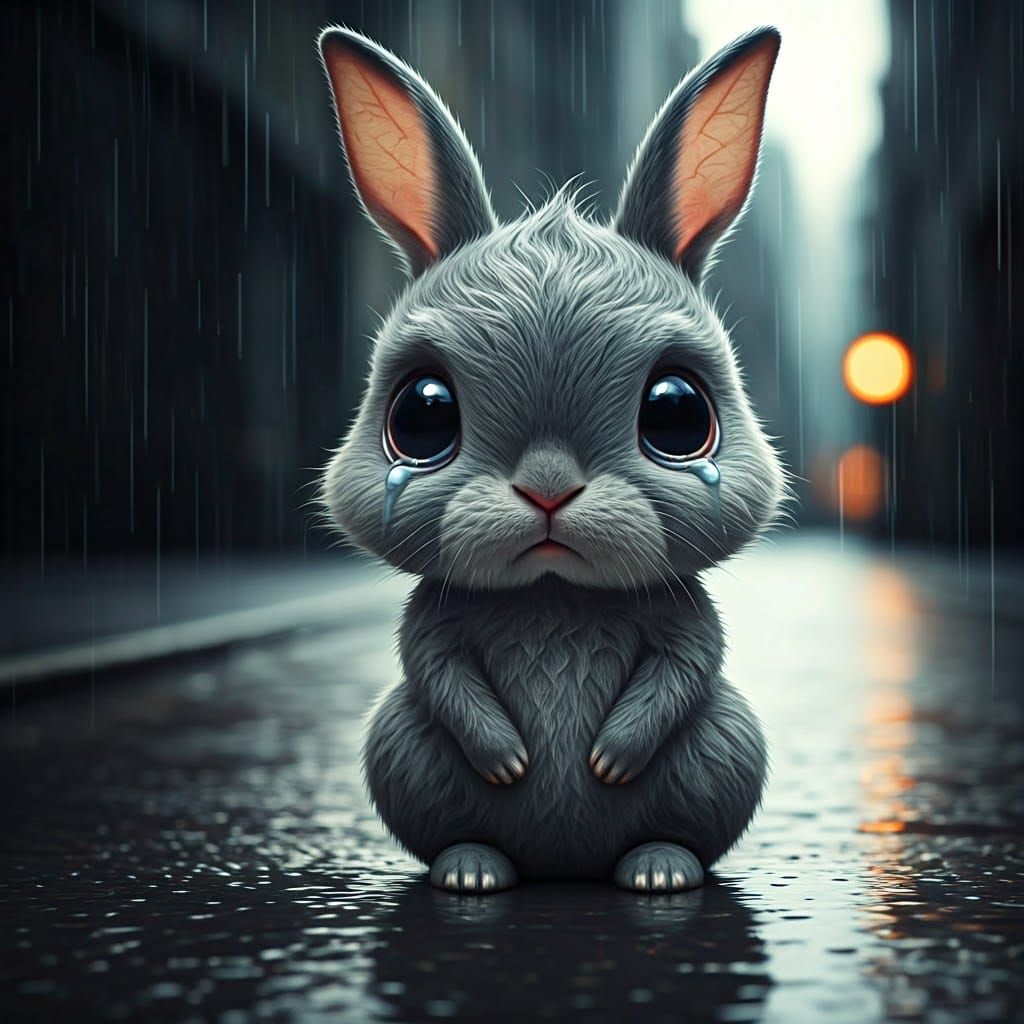 Melancholy Kawaii Rabbit in Hyperrealistic Detail