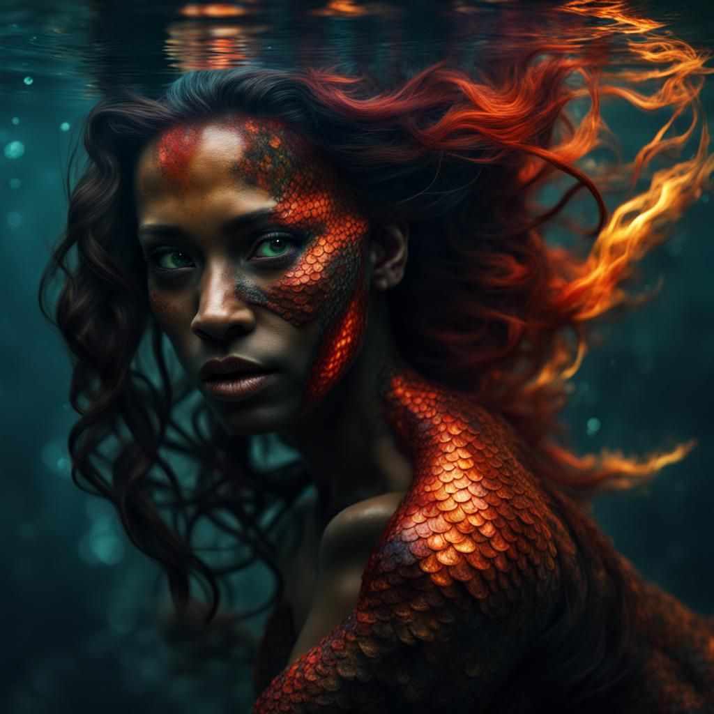 mermaid dragon woman, underwater with firey hair, photoshopped photography