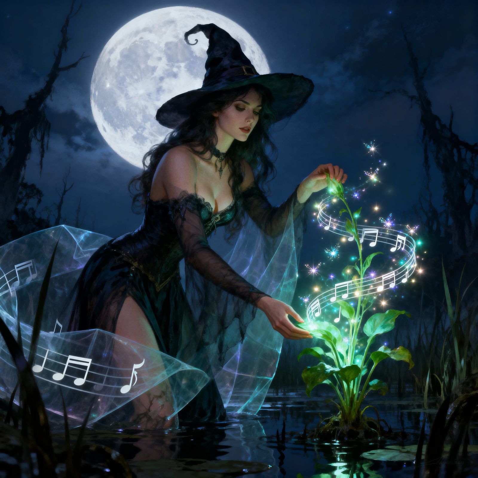 Witch and Magical Plant in Moonlit Bog