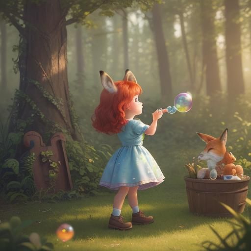 Little Girl Blowing Animal Bubbles in Pixar Style