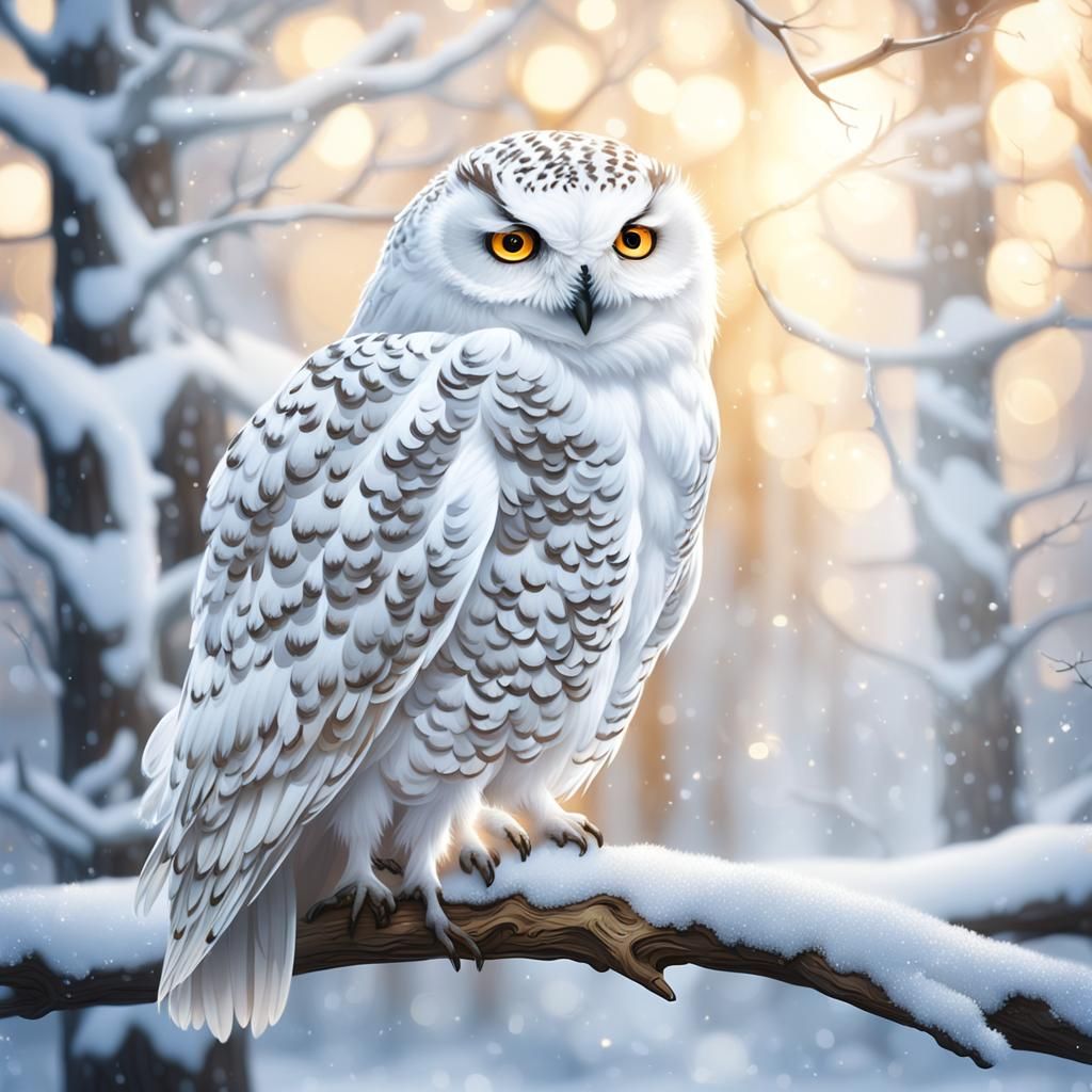 Ethereal Winter Wonderland: Snowy Owl in Glowing Forest