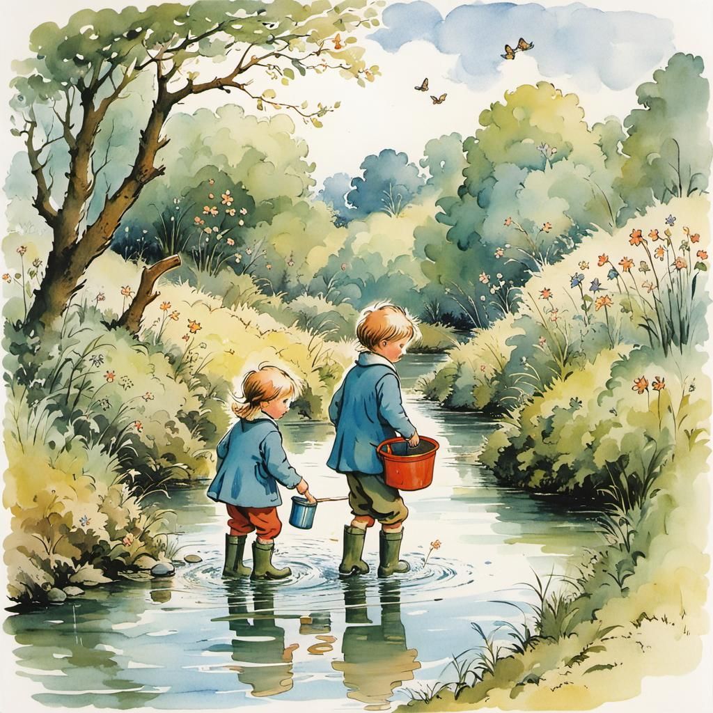 Children Wading to Island, Whimsical Illustration