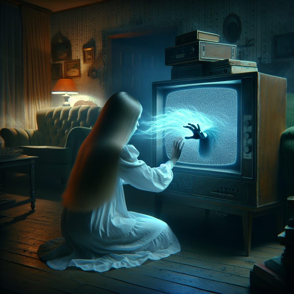 Ethereal Hand Reaching from Static Television
