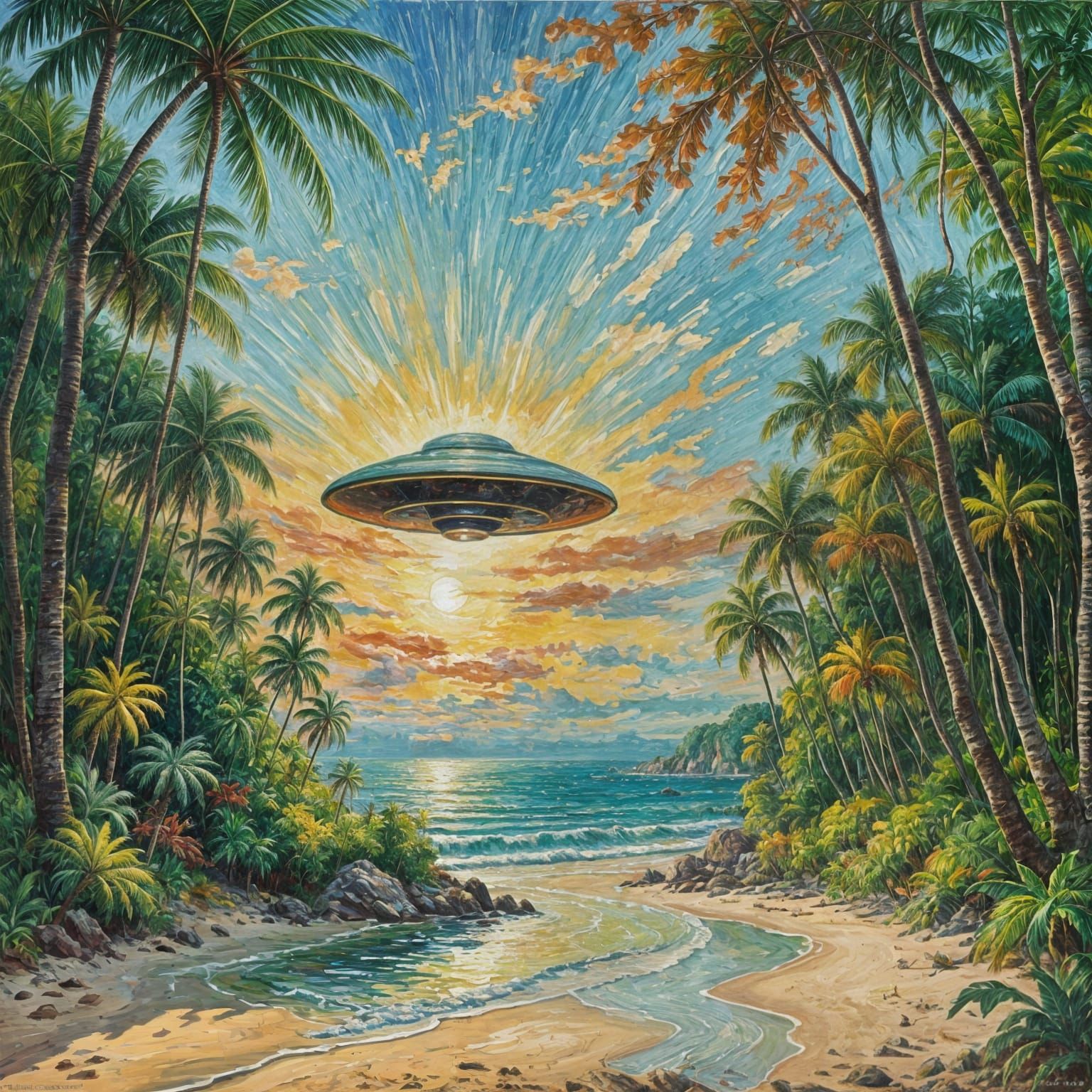 UFO over Tropical Jungle in Expressionist Oil Painting