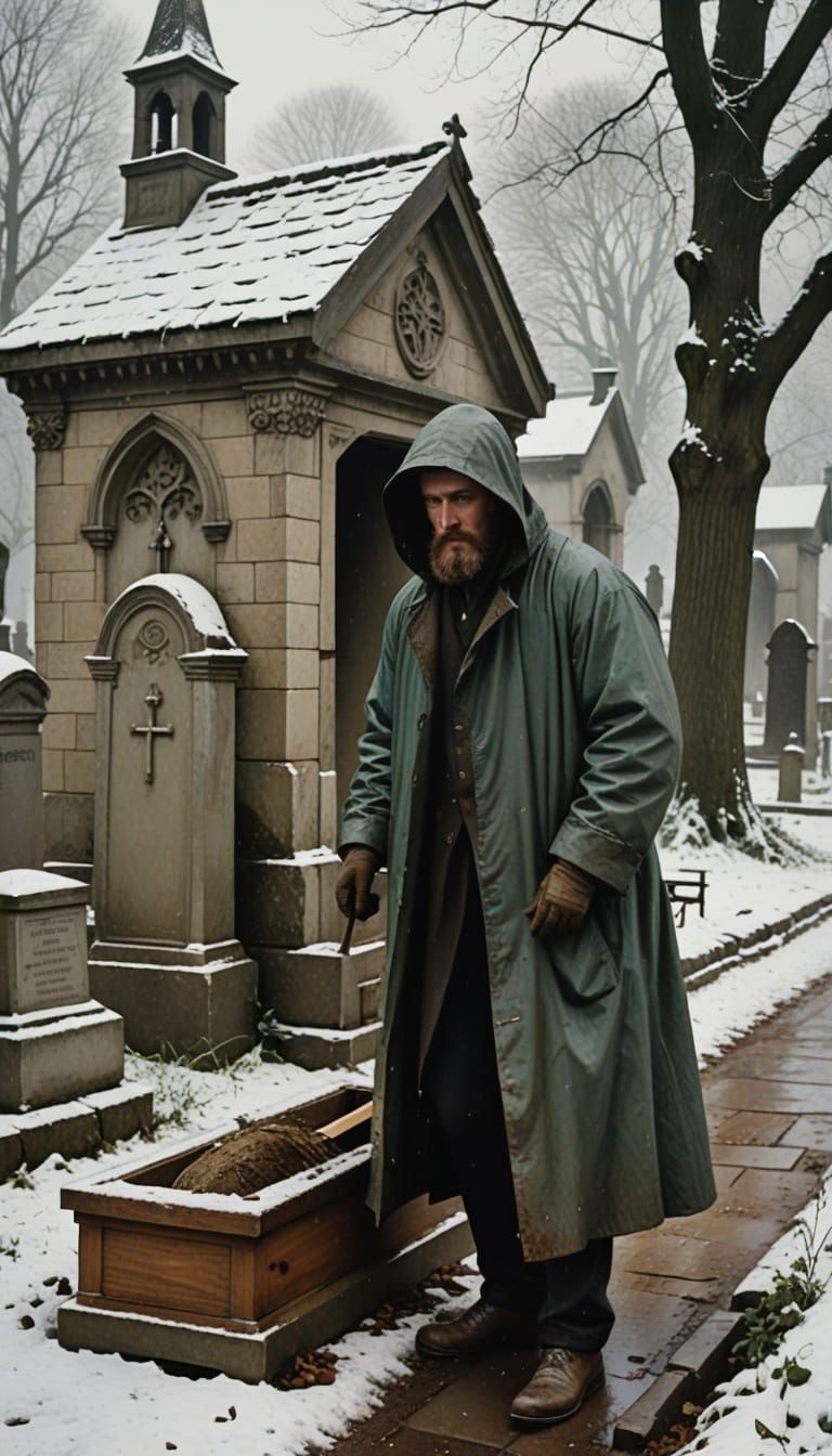 Young Gravedigger Crafts Unkempt Coffin in Winter Cemetery