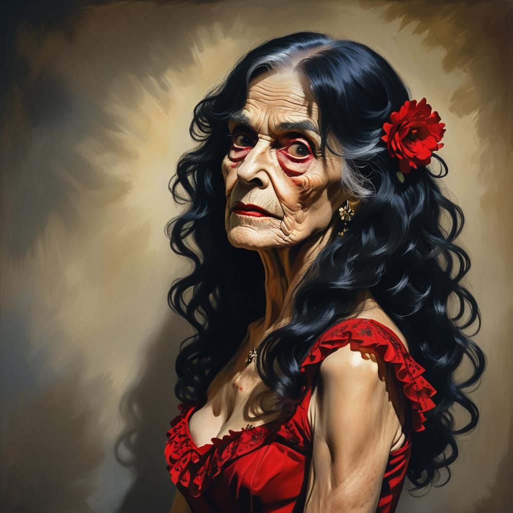Gothic Portrait of Elderly Crossdresser in Flamenco Dress