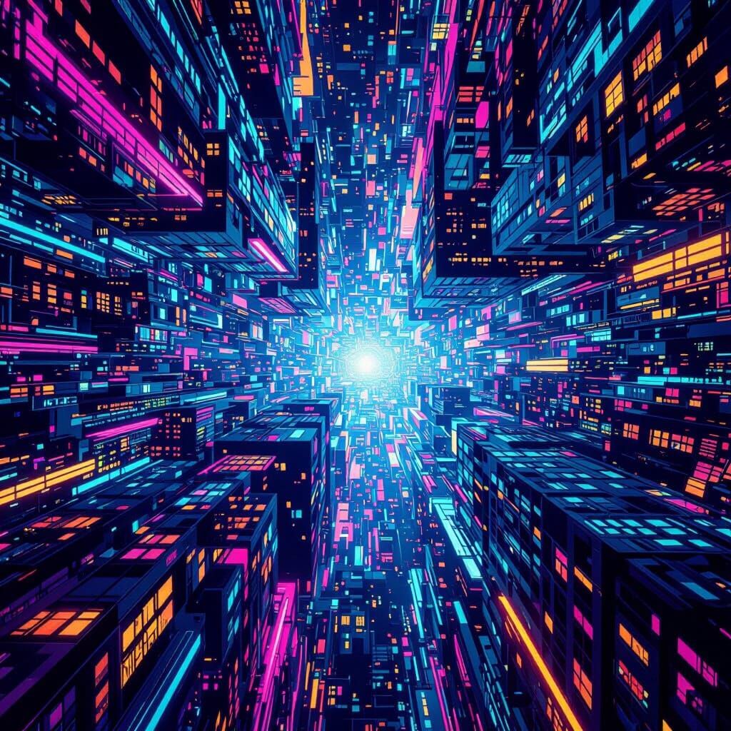 Surreal Cityscape Optical Illusion with Neon Lights