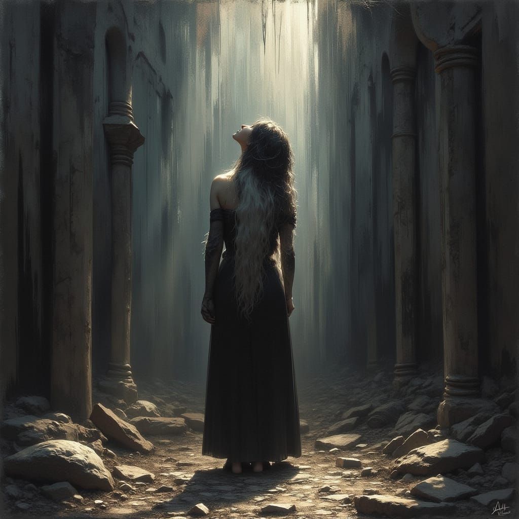 Woman Amidst Relationship Ruins in Dramatic Surreal Style