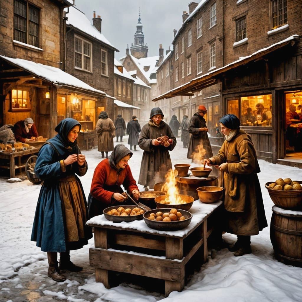 Bustling Medieval Marketplace in Winter: Golden Age Painting