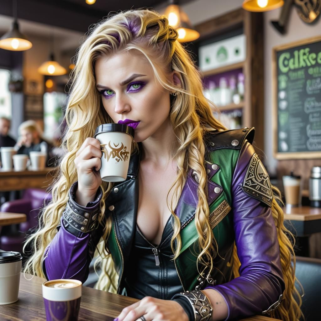 Valkyrie with Viking Features Drinking Coffee