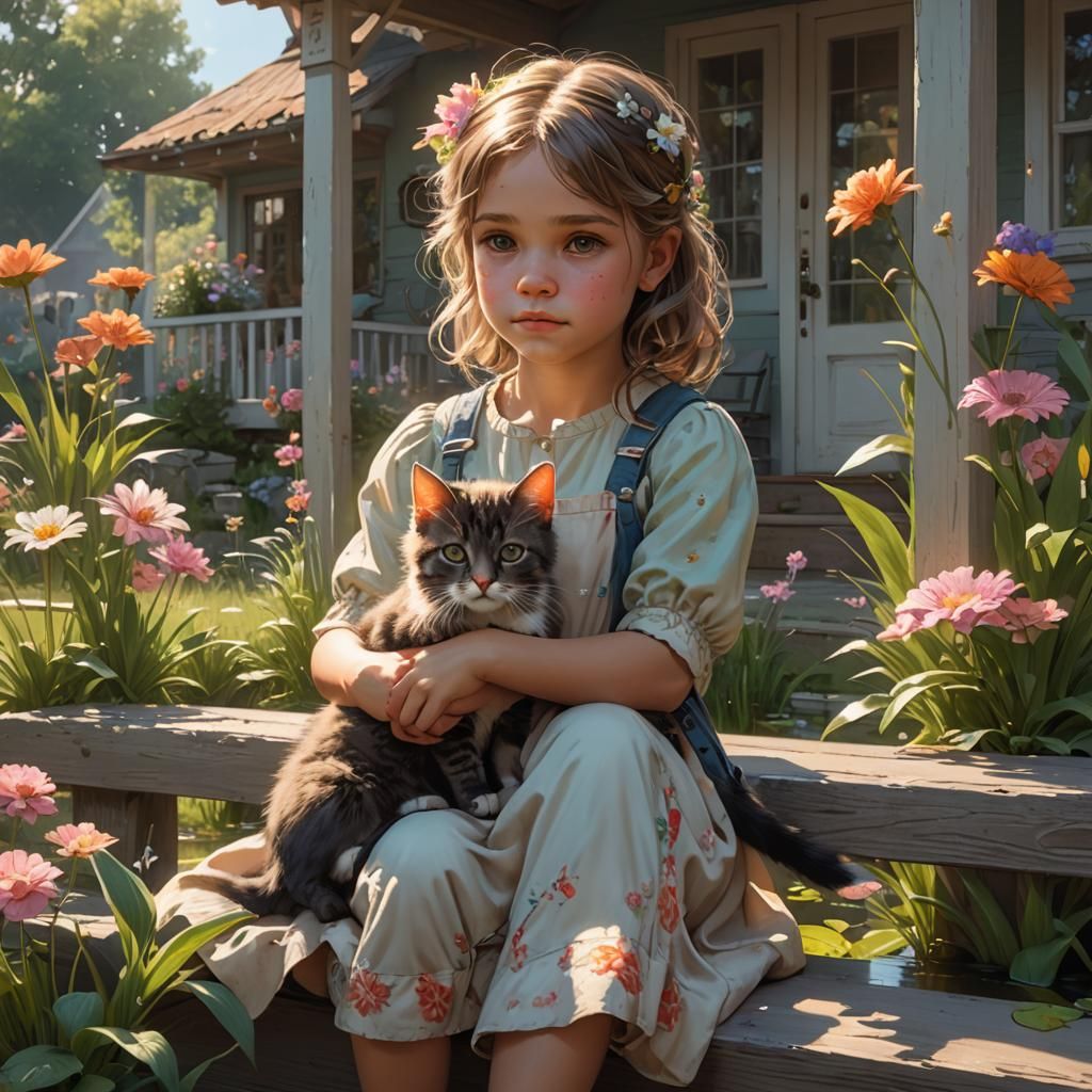 Girl and Kitten by Pond, Hyperdetailed Portrait