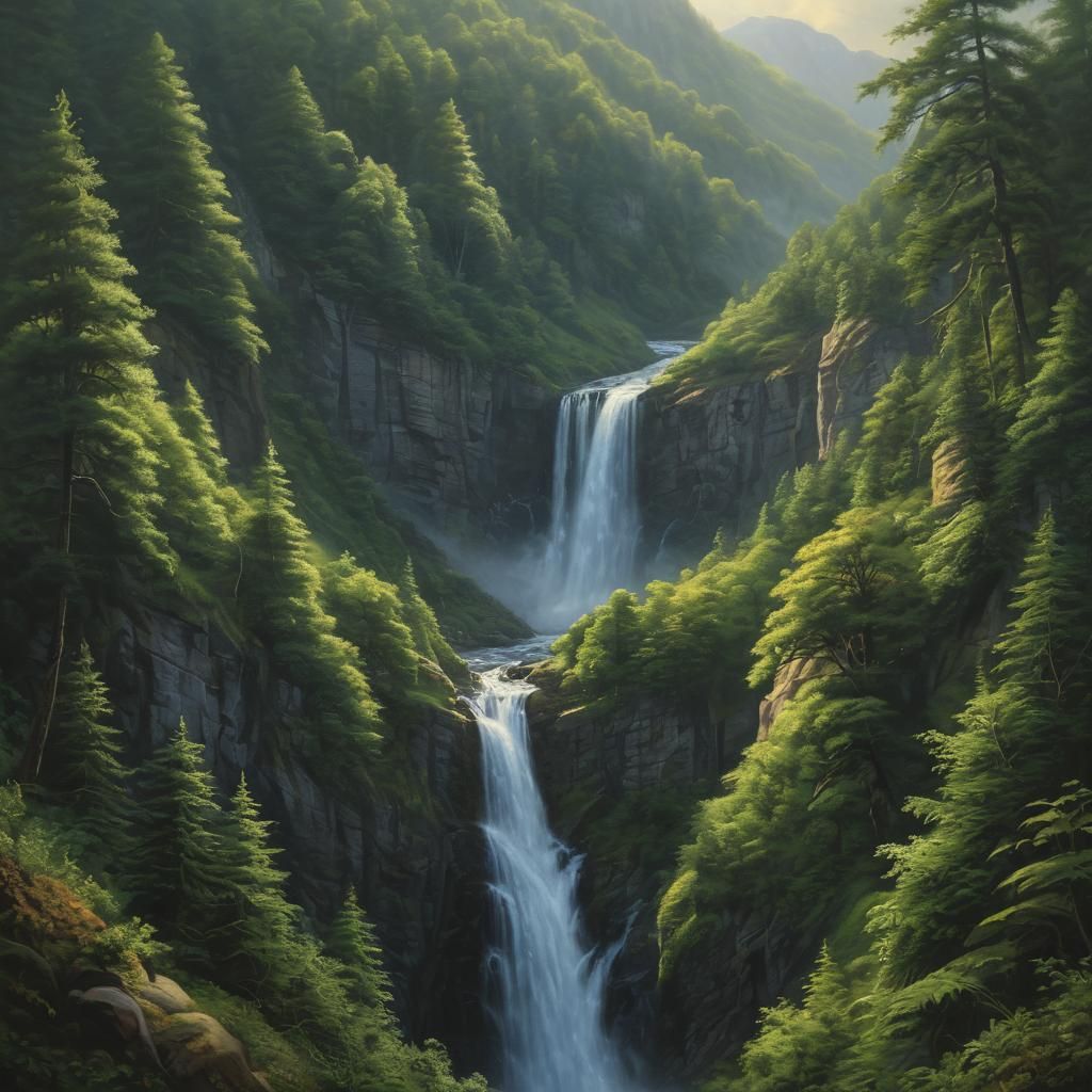 Magnificent Waterfall Landscape in Hyper-Realistic Oil Paint...