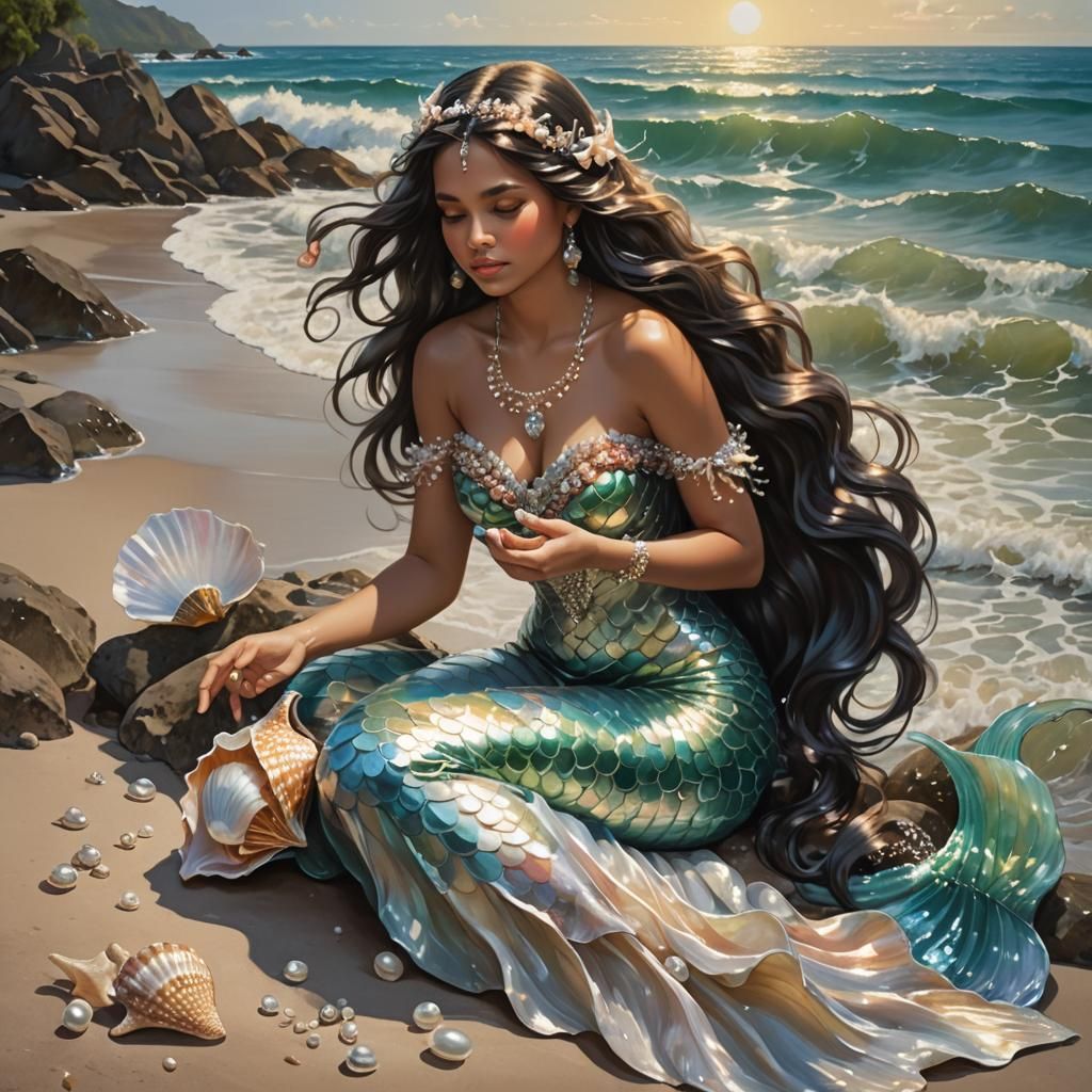 Honduran Mermaid with Pearls on Seashore