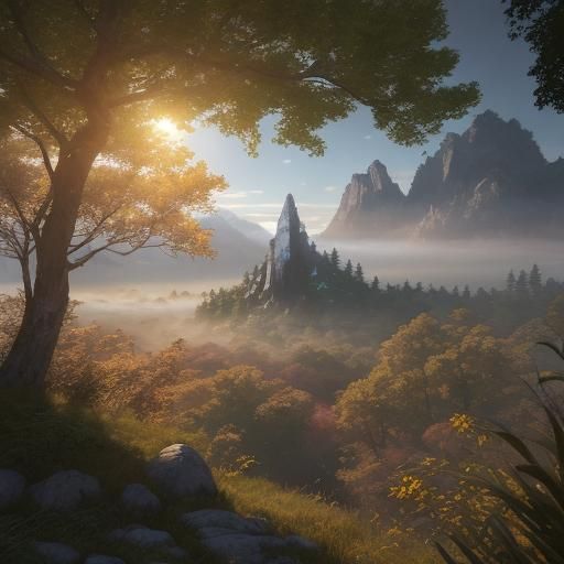 Golden Tree in Misty Landscape: Anime Art