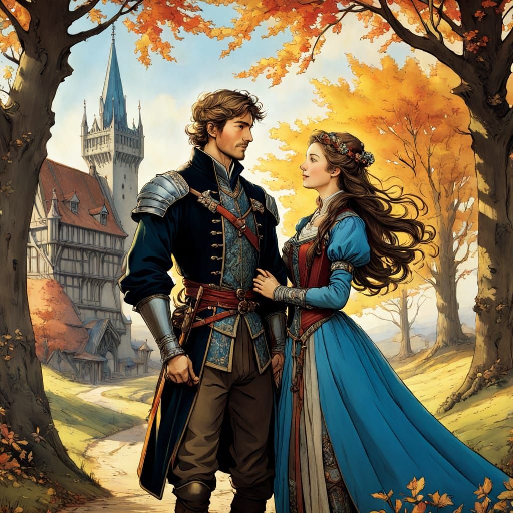 Medieval Couple in Autumn, Arthur Rackham Anime Style