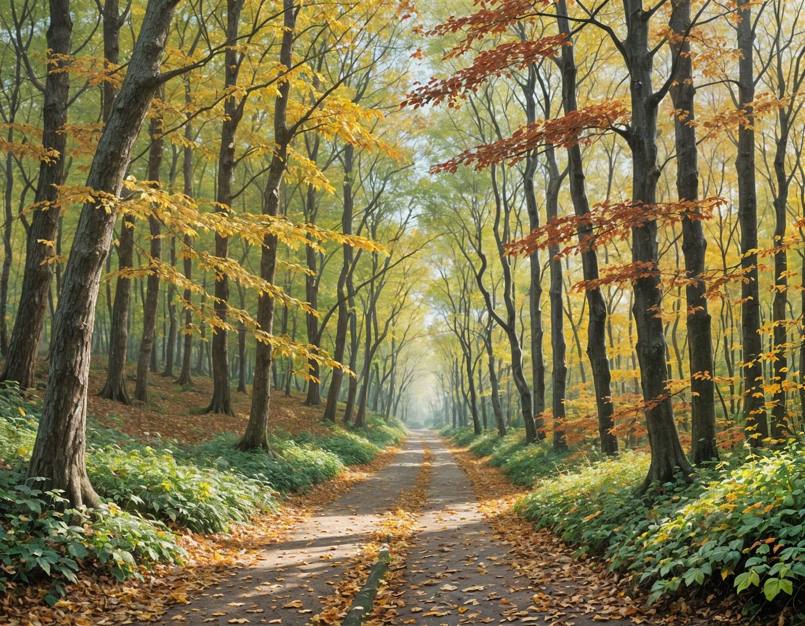 Enchanted Autumn Woodland Path in Sunlight