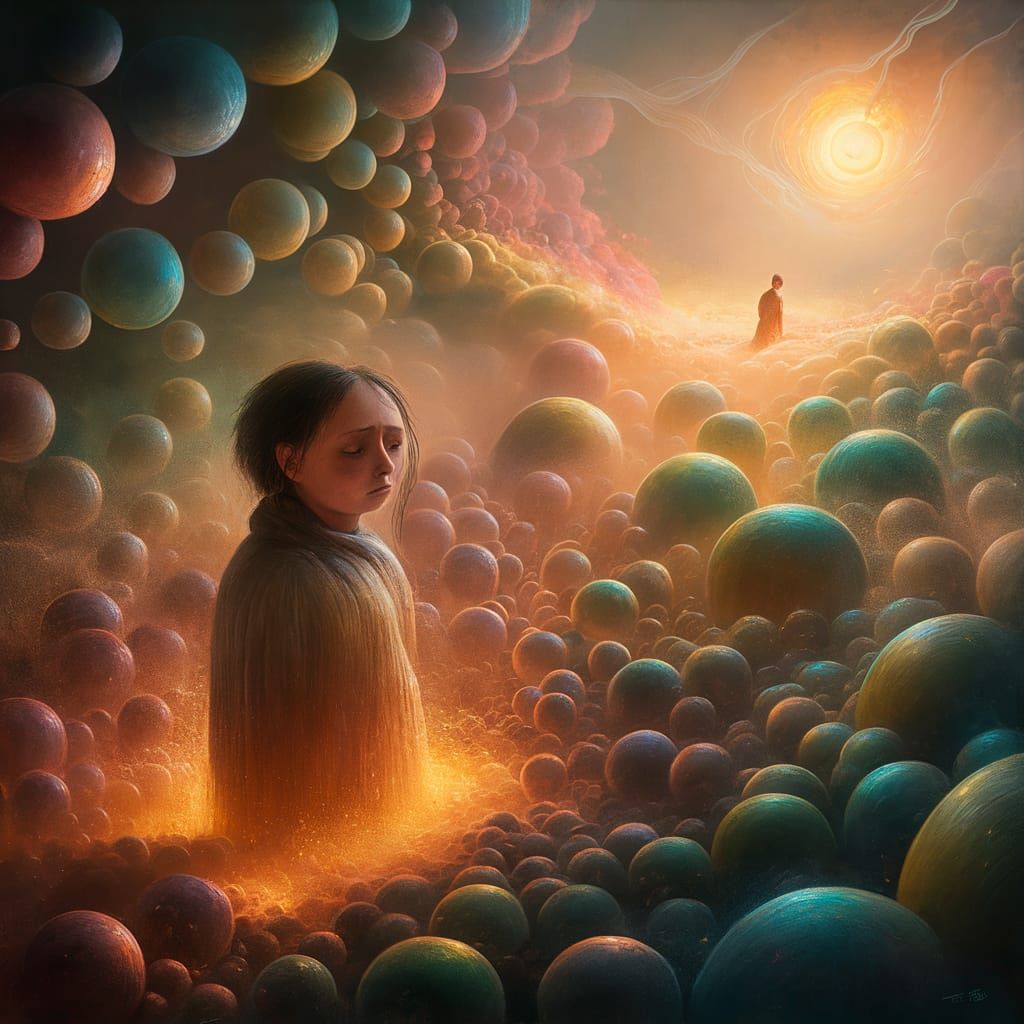 Dreamlike Surreal Scene with Floating Orbs and Lonely Figure
