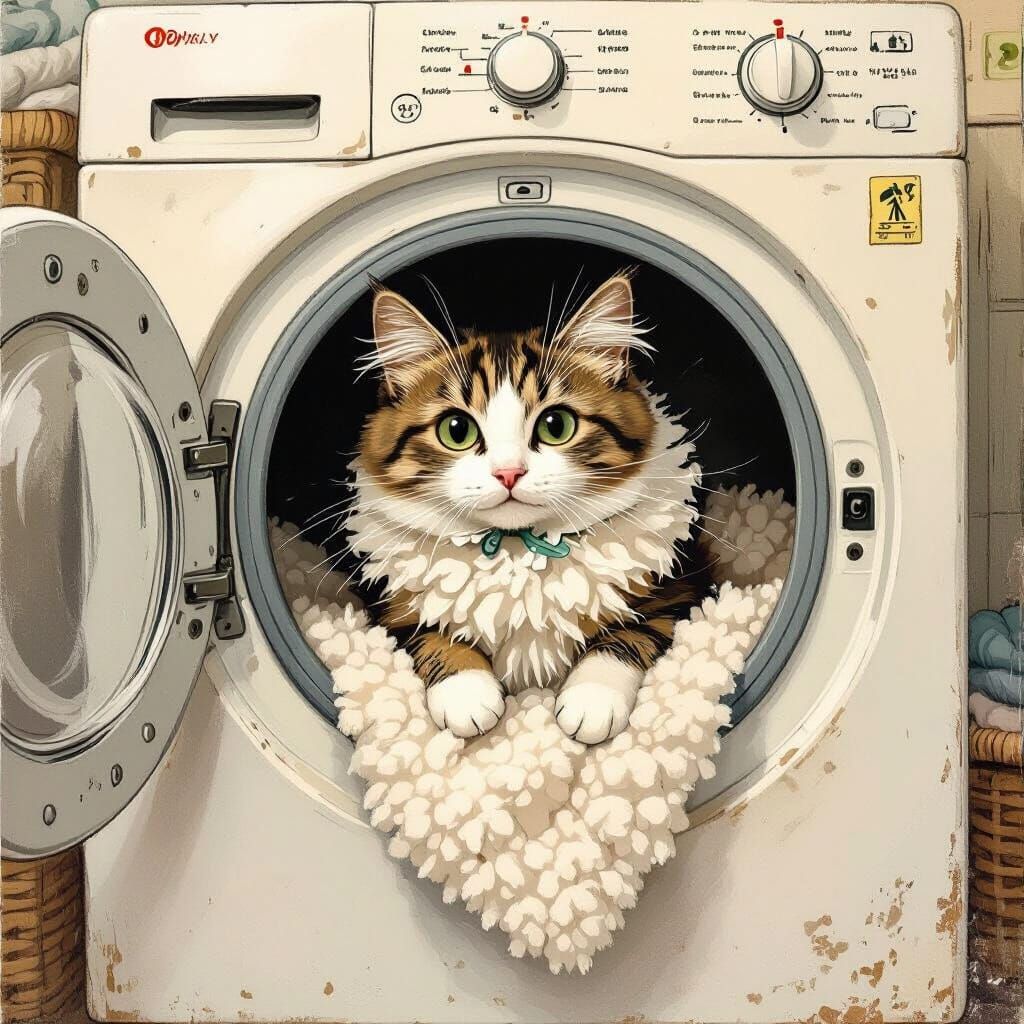 Lint-Covered Cat Emerges From Dryer in Whimsical Style
