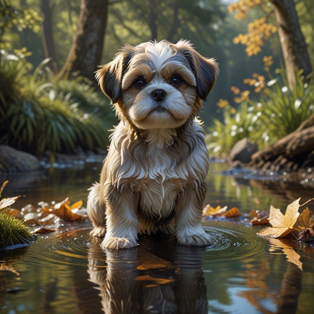 Shih Tzu Puppy and Wolf Reflection, Naturalist Painting
