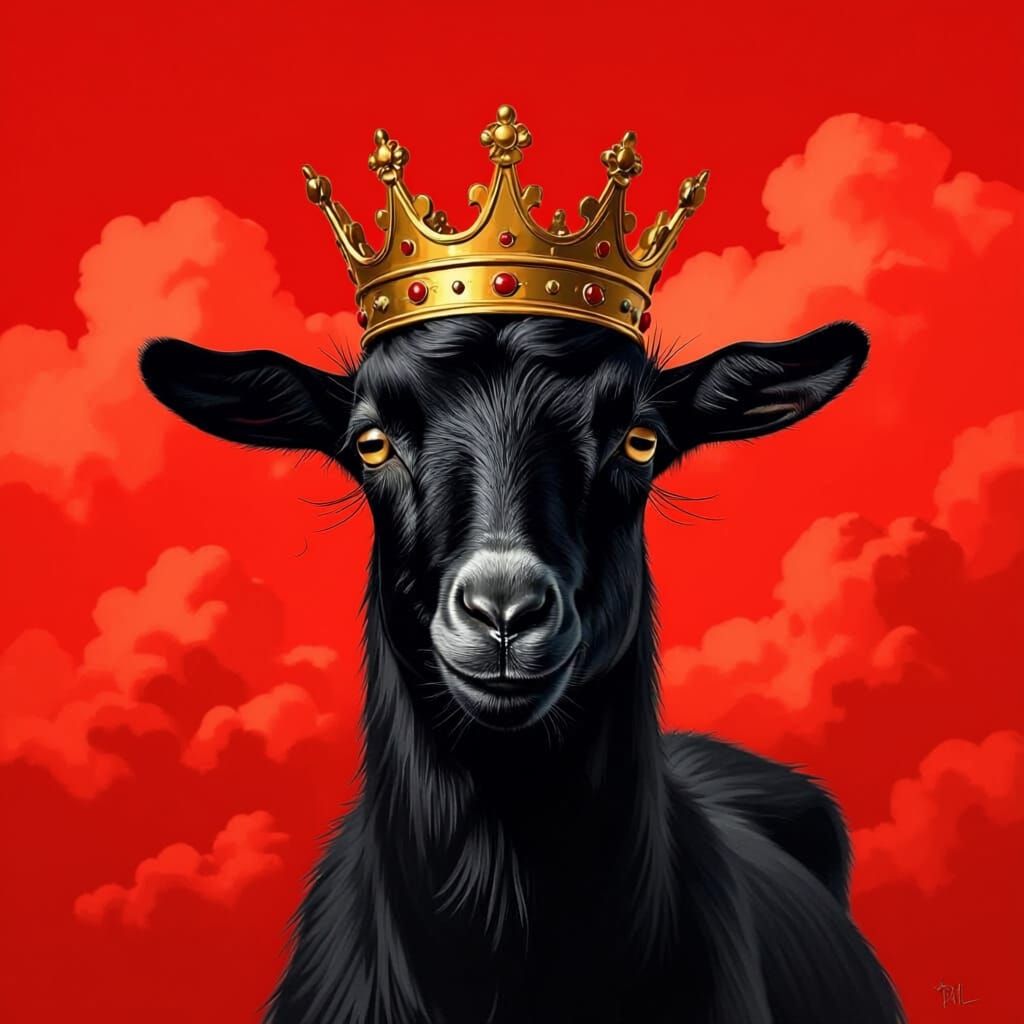 Black Goat Logo with Gold Crown in Gouache Style