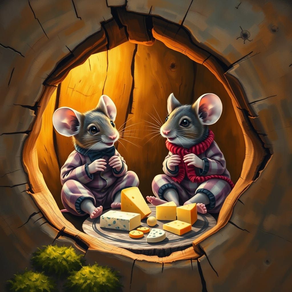 Whimsical Mice in Cozy Log Living Room