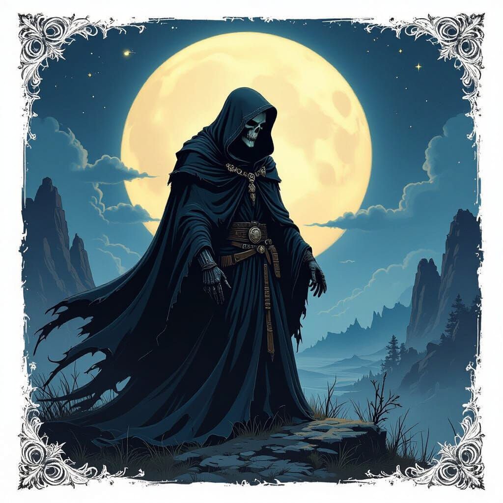 Mystical Grim Reaper in Moonlit Landscape