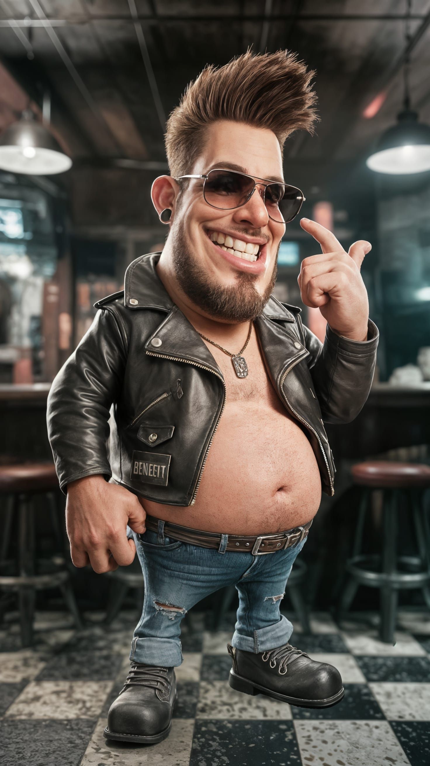 Cartoon Biker in Smokey Bar with Exaggerated Features