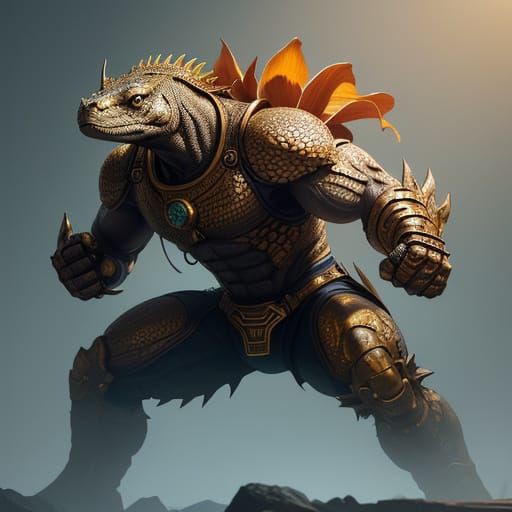 Hyperrealistic Komodo Dragon Warrior in Steel Plating Armor