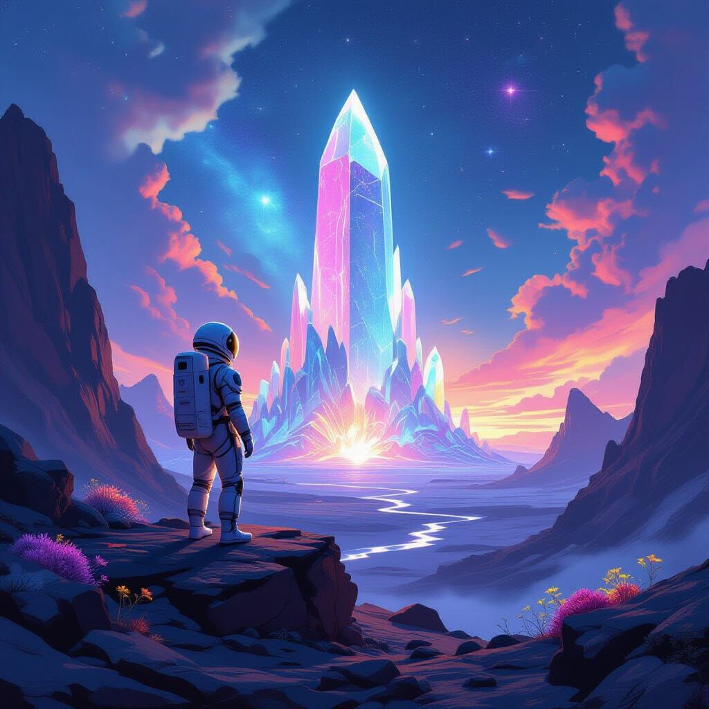 Astronaut Discovers Alien Crystal World in Digital Painting