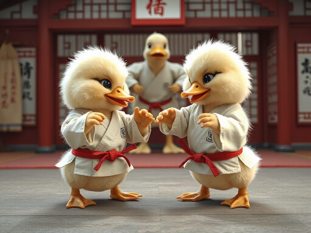 Chibi Ducklings Sparring in Dojo, Hyperrealistic Anime Style