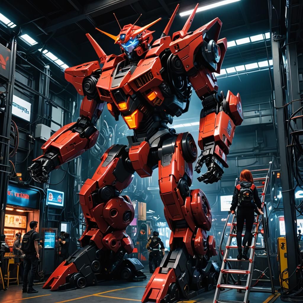 Glowing Cyberpunk Mecha with Climbing Pilot