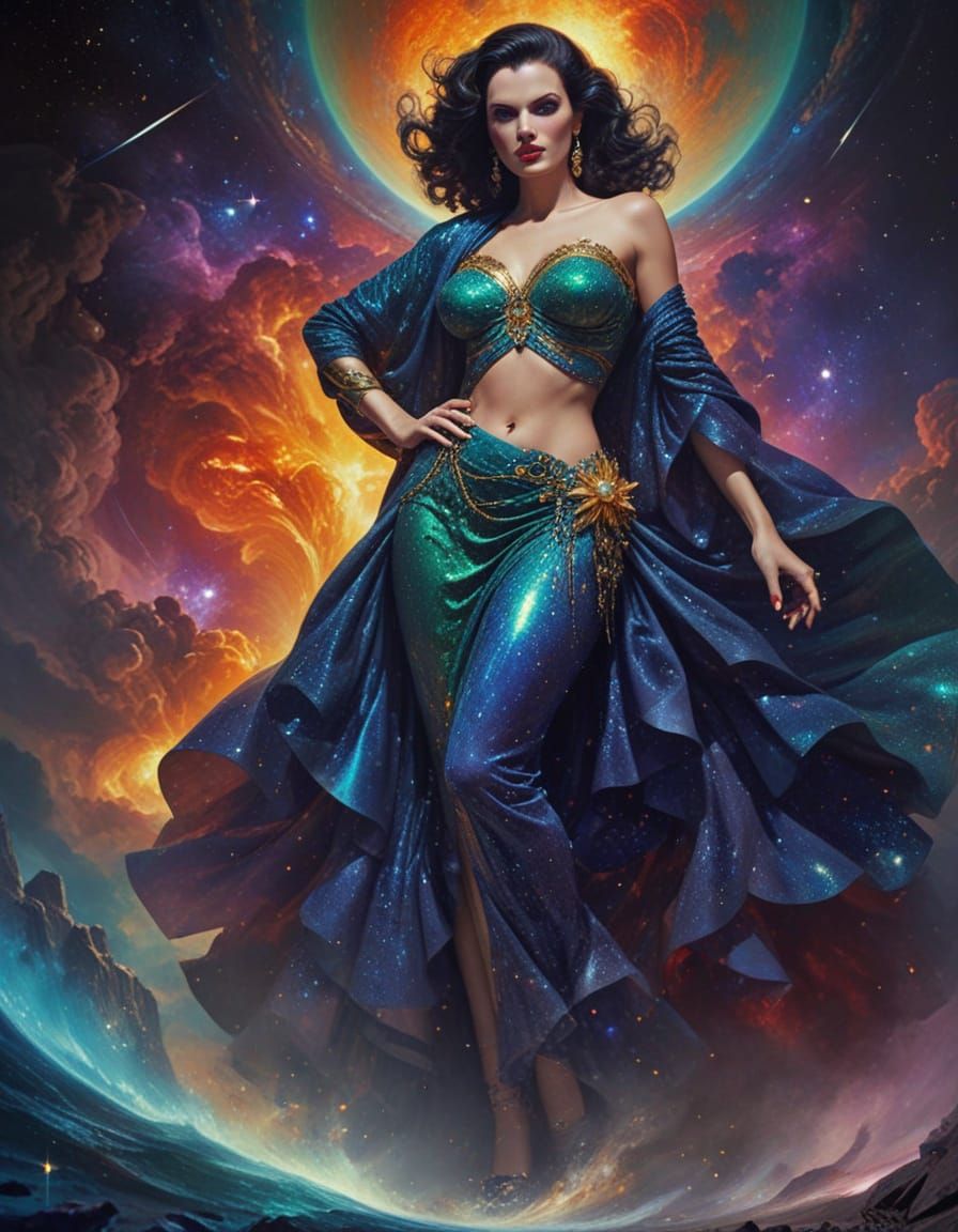 Glamorous Fantasy Goddess in Celestial Ruins