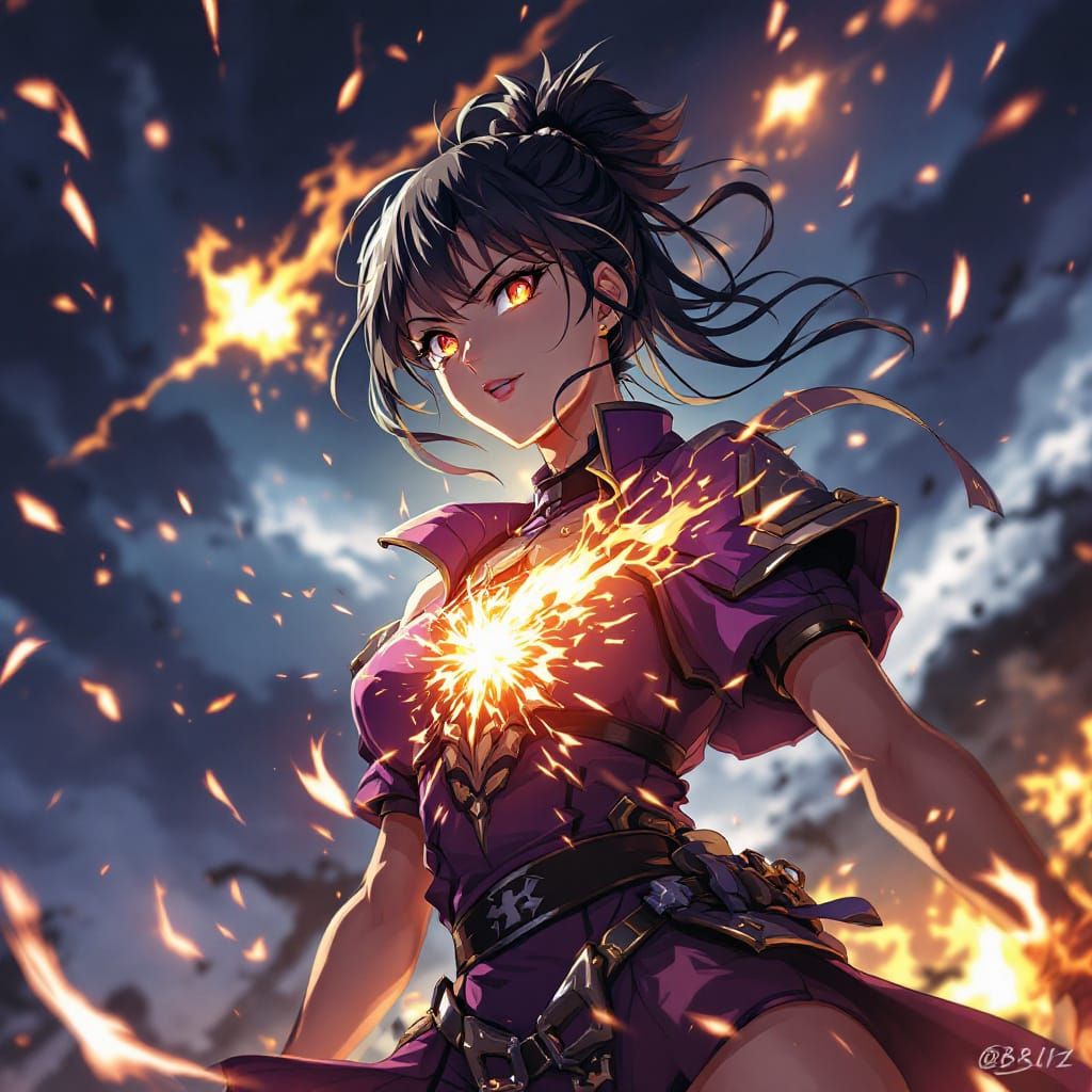 Triumphant Anime Warrior Woman in Battle Suit