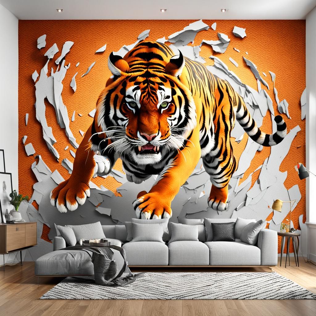 Fierce Tiger Leaps From Liquid Paint Wallpaper