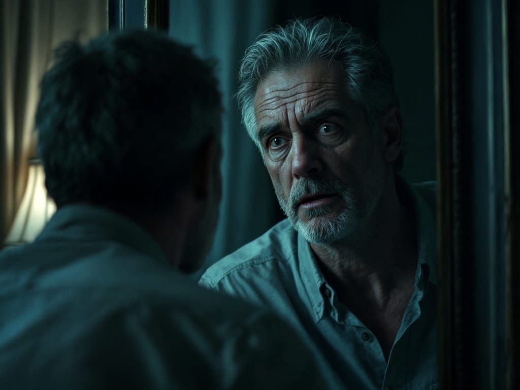 Man in Bedroom Confronts Distorted Reflection