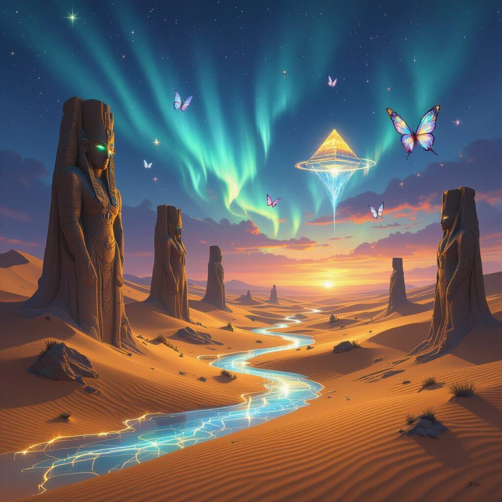 Mystical Desert Landscape with Glowing Rivers and Statues