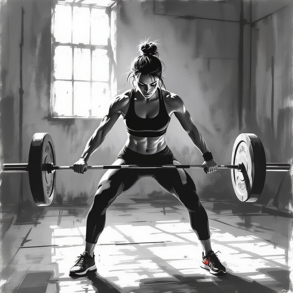 Female Athlete Training in Gritty Gym Charcoal Sketch
