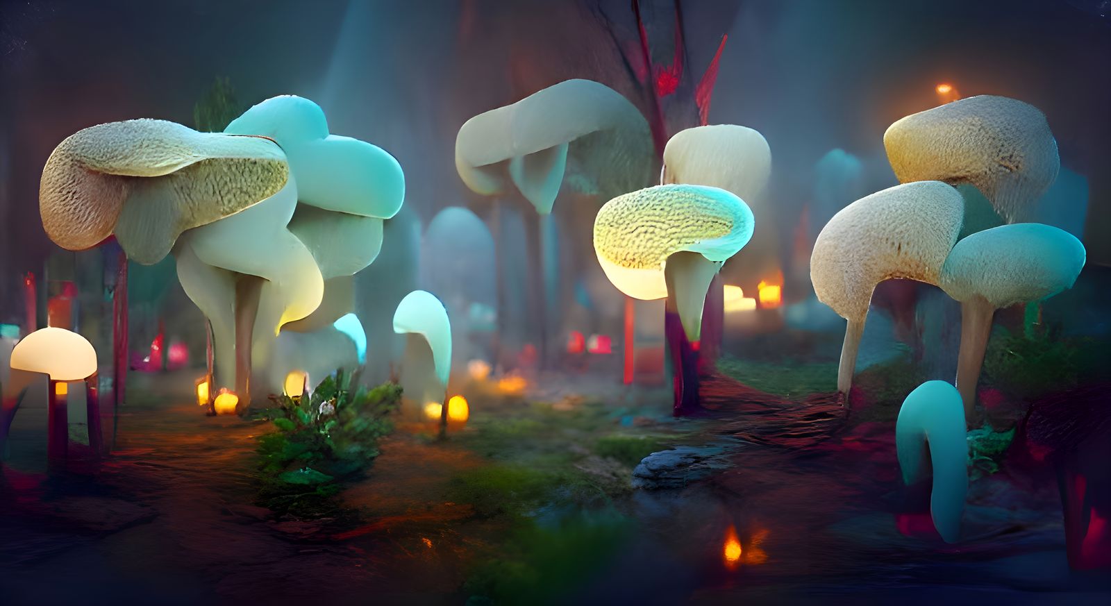 Neon Mushroom Forest in Ethereal Mist