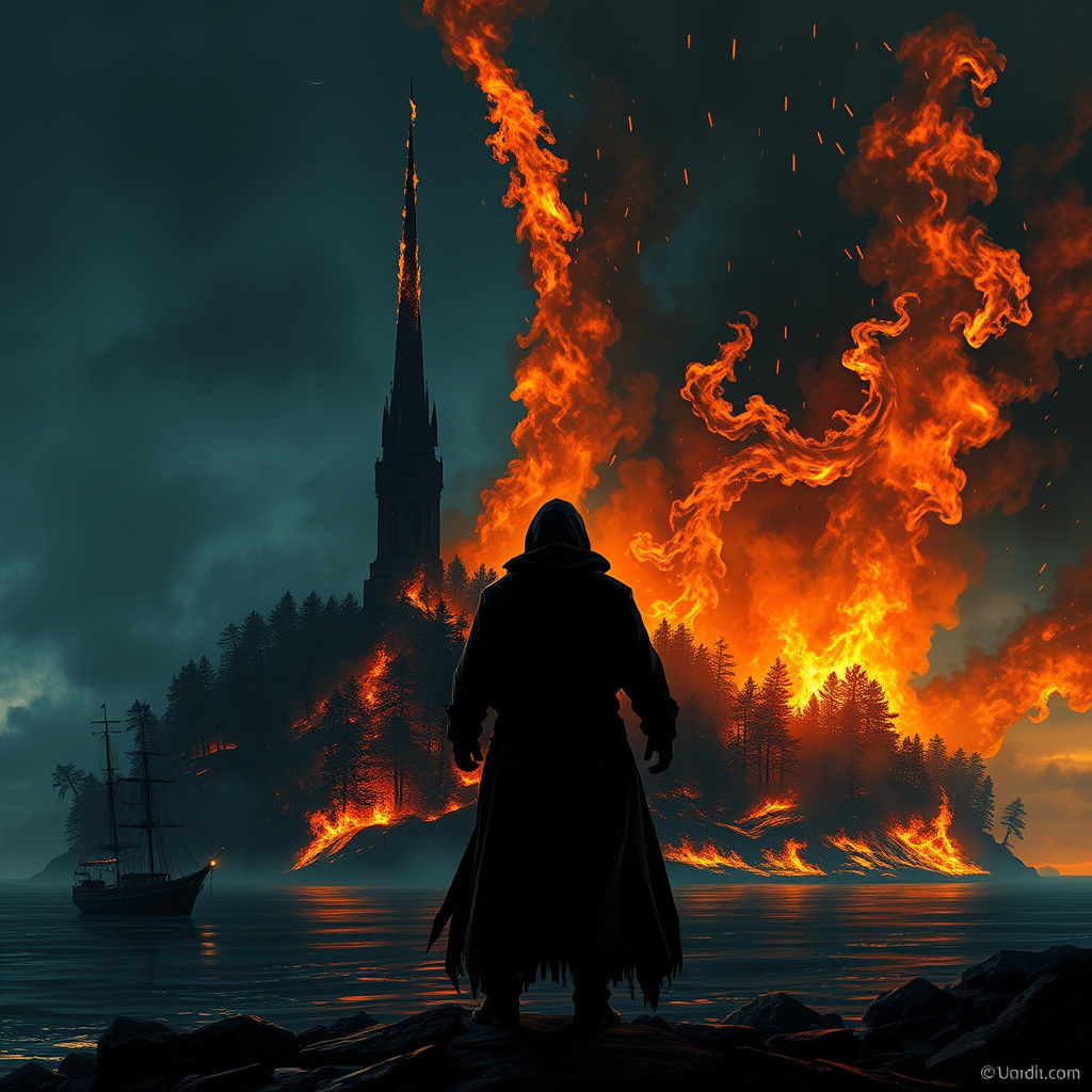 Apocalyptic Inferno: Hooded Figure Amidst Burning Island