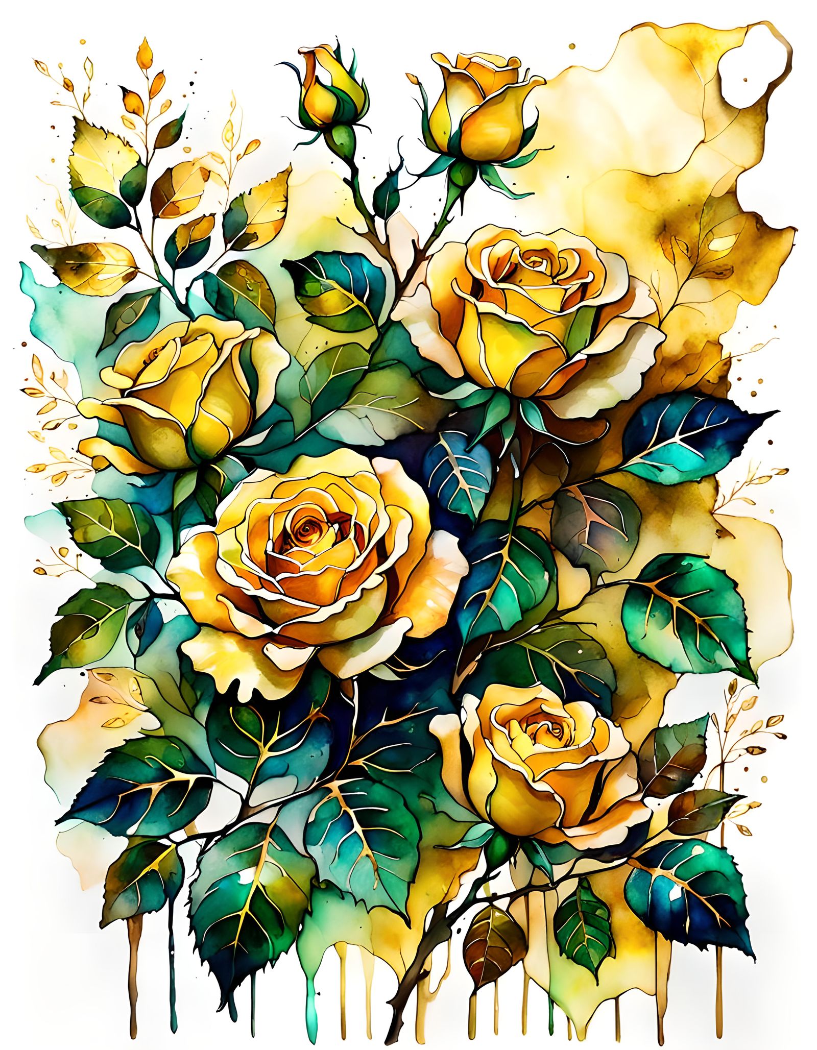Alcohol Ink Yellow Roses with Gold Veins