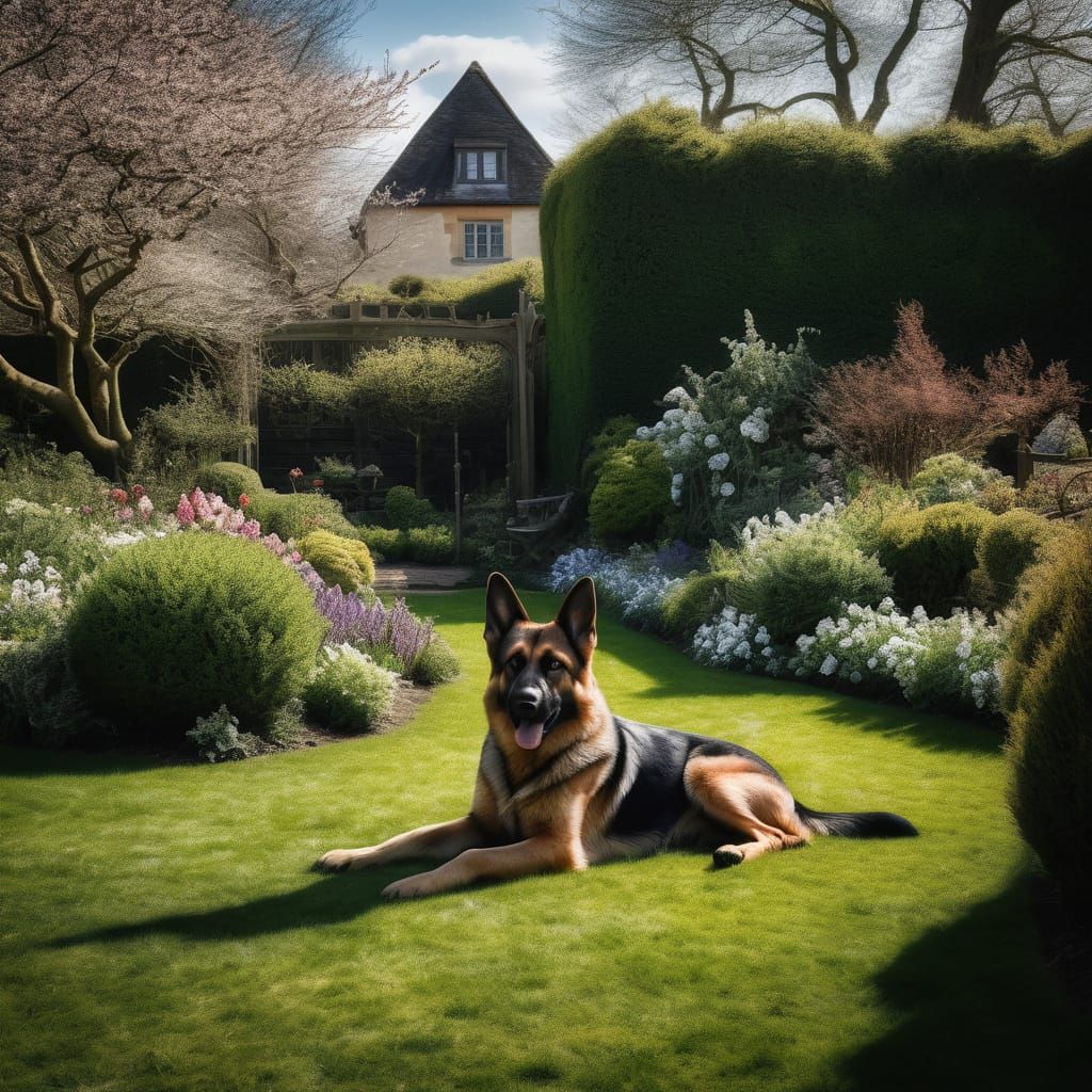 German Shepherd in Vibrant English Garden