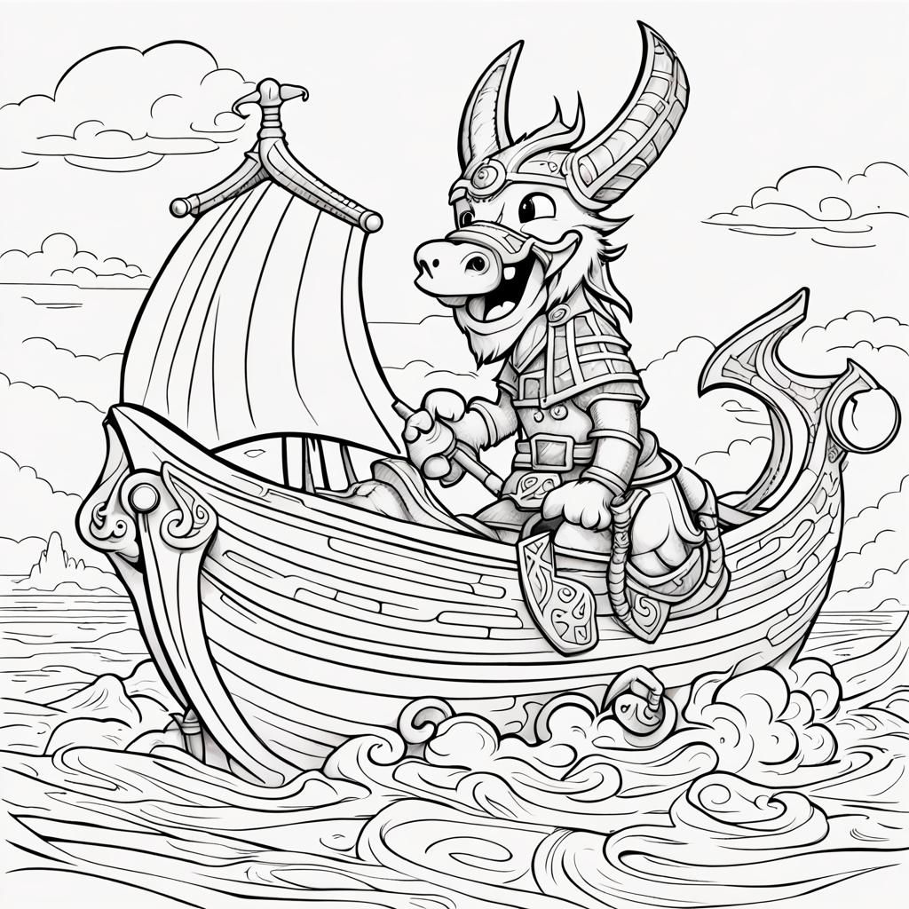 Cute Cartoon Dragon on Norse Viking Ship