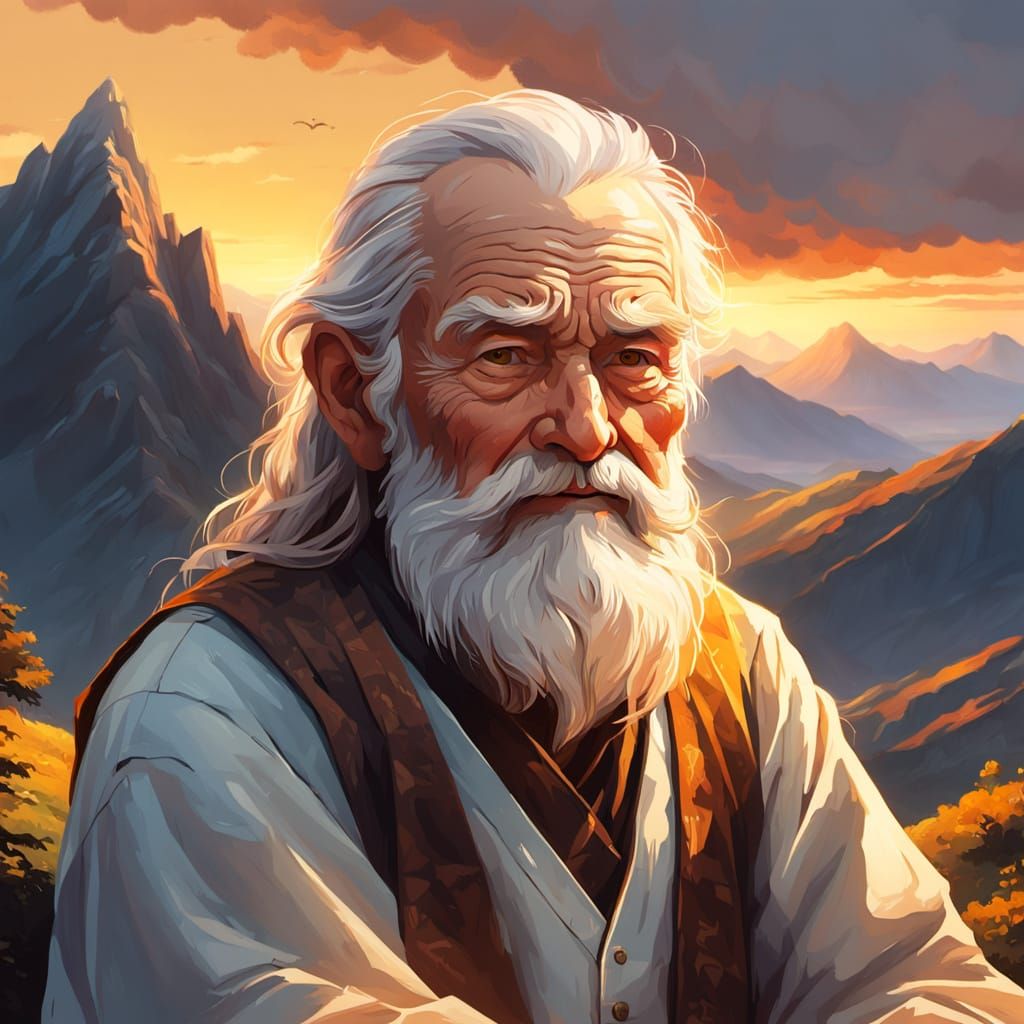 Wise Old Man on Mountain in Oil Painting Style
